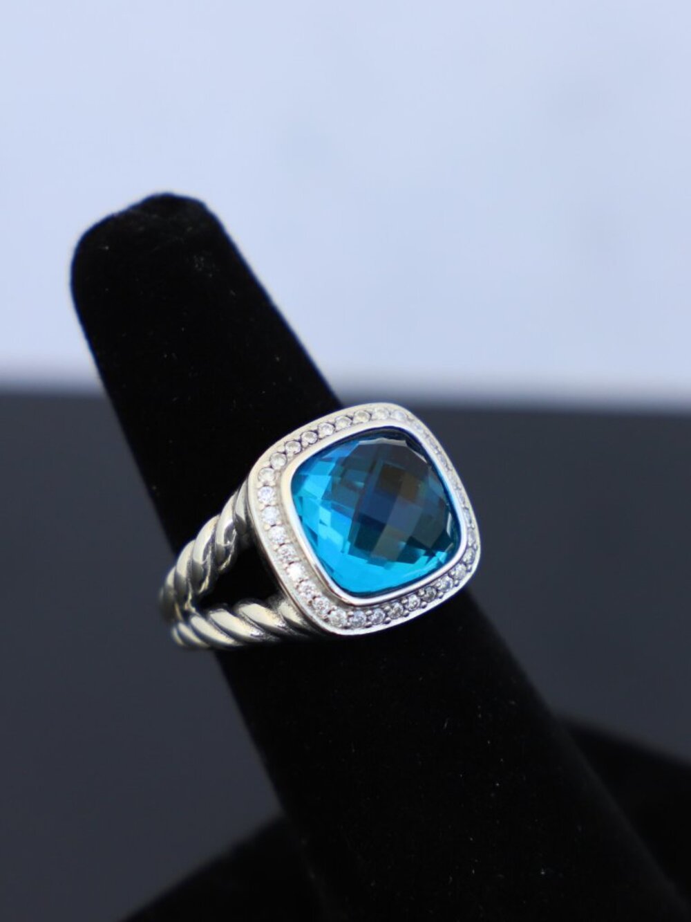 David Yurman Sterling Silver 11mm Albion Ring with Blue Topaz & Diamonds size 7 - Picture 4 of 8